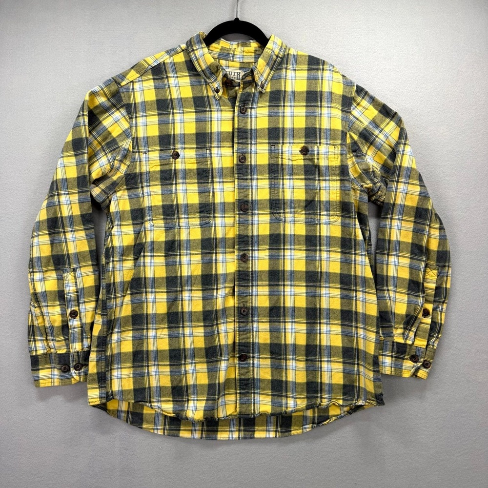 Duluth Trading Co‎ Shirt Men XL Yellow Blue Plaid Flannel Lumberjack Cabincore